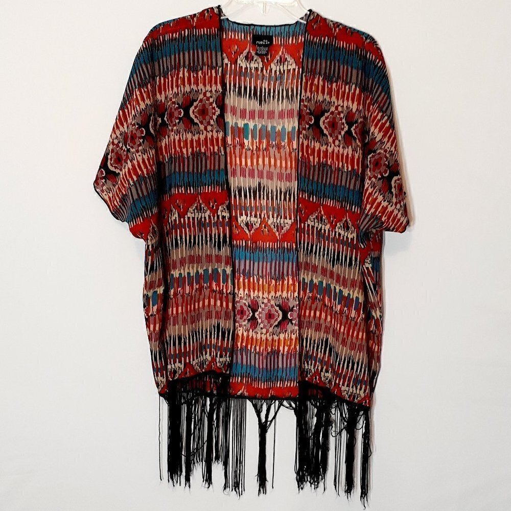 RUE 21 Long Red Sheer Chiffon Open Tunic; Short Dolman Sleeves; Fringe; Size S